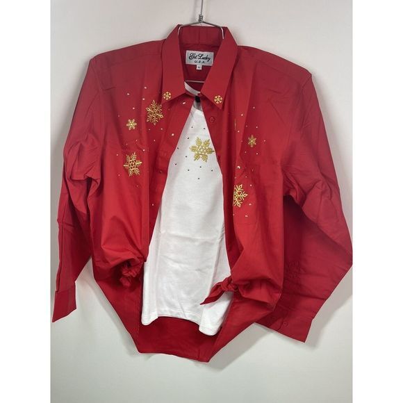 Tops - Women’s Get Lucky Brand Holiday Shirt Set Red With‎ Gold Snowflakes Size L NEW